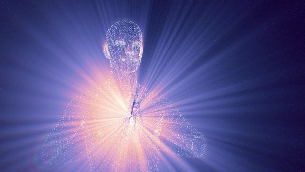 Imagen de una figura humana etérea generada digitalmente, emanando luz desde el pecho en un fondo oscuro, simbolizando la transformación y la consciencia.