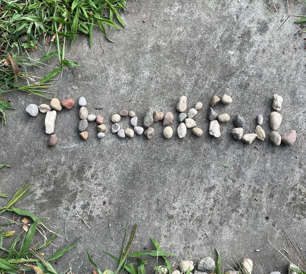 Palabras 'Thankful' formadas con piedras sobre una superficie de cemento, rodeadas de hierba.